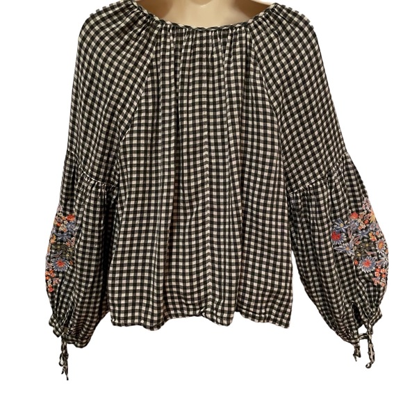 Caslon Nordstroms Beautiful Gingham Blouse Embroidered Floral Puff Tie Sleeves - Picture 5 of 5